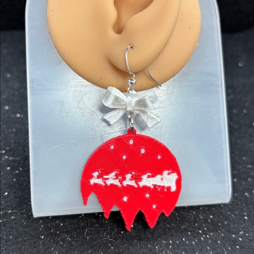 Santa Sleigh Christmas Earrings | Silver Tone Accents 🎄🤍 - Picture 3 of 5